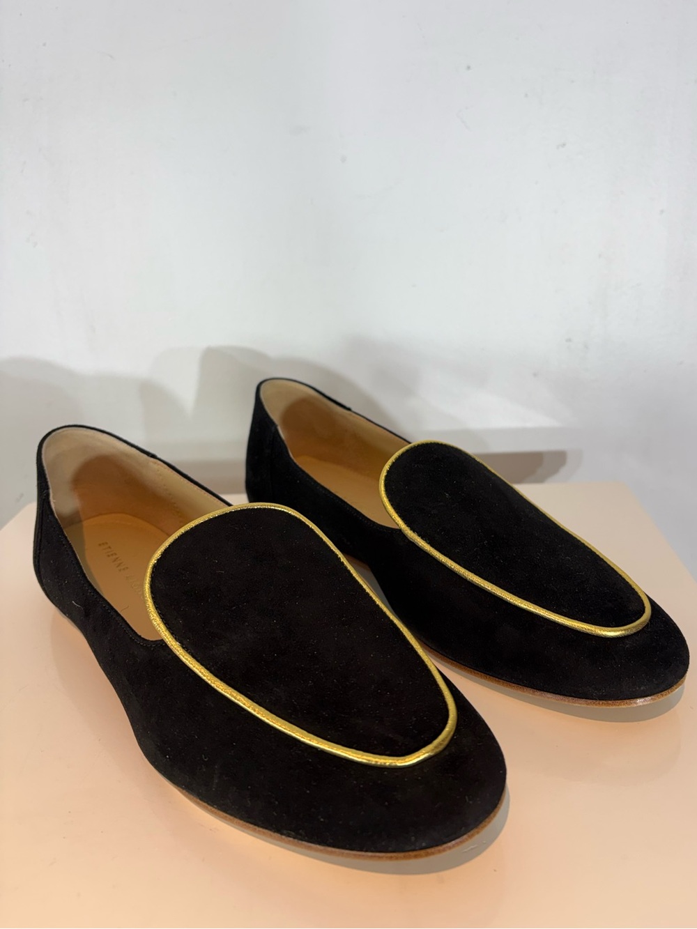 Etienne Aigner Camille Black Suede Loafers Gold Trim Sz 8 NIB